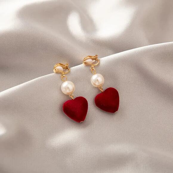 Lufei Red Heart Shape Pearl Dangly Clip On Earrings Boho Alloy Chic Elegant - Picture 1 of 2